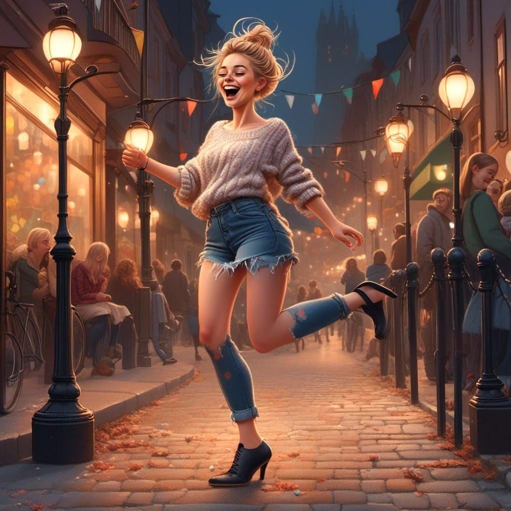 Joyful Woman Dancing in Street, Whimsical Illustration