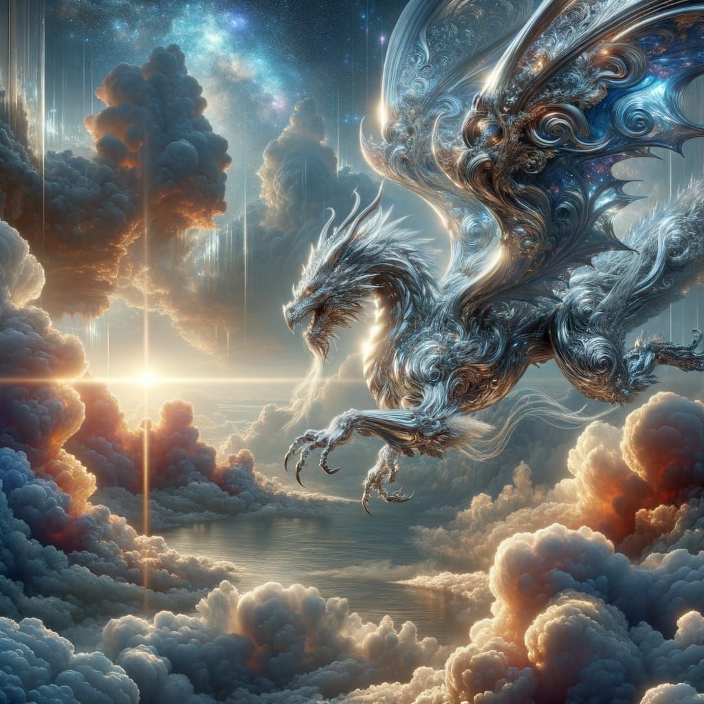Chrome Dragon Soaring Through Ethereal Celestial Dreamscape