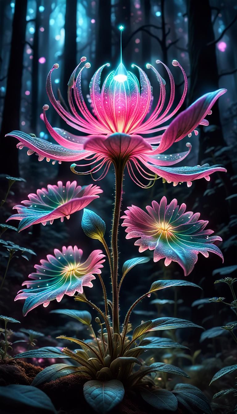 Glowing Alien Flower in Fantasy Forest, Detailed Digital Art
