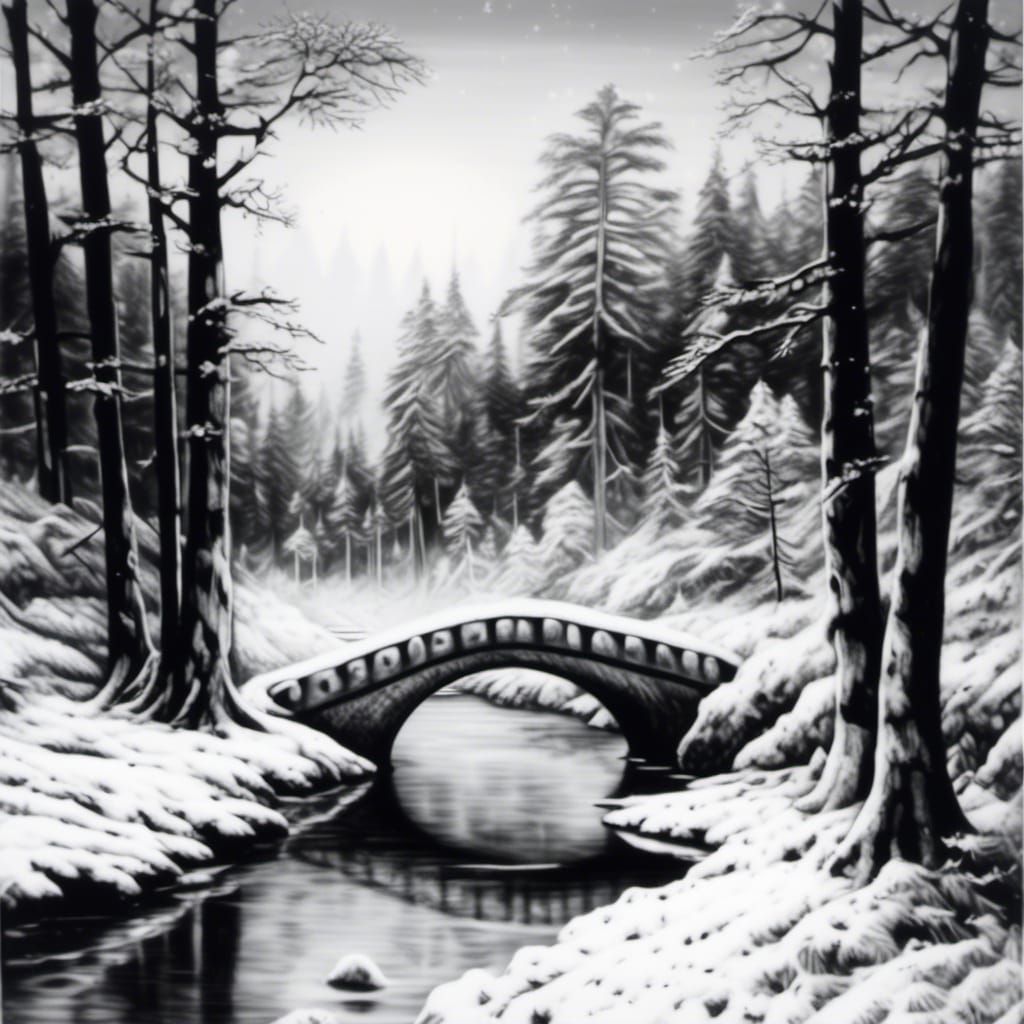 Snowy Bridge and Frosty Forest Charcoal Drawing