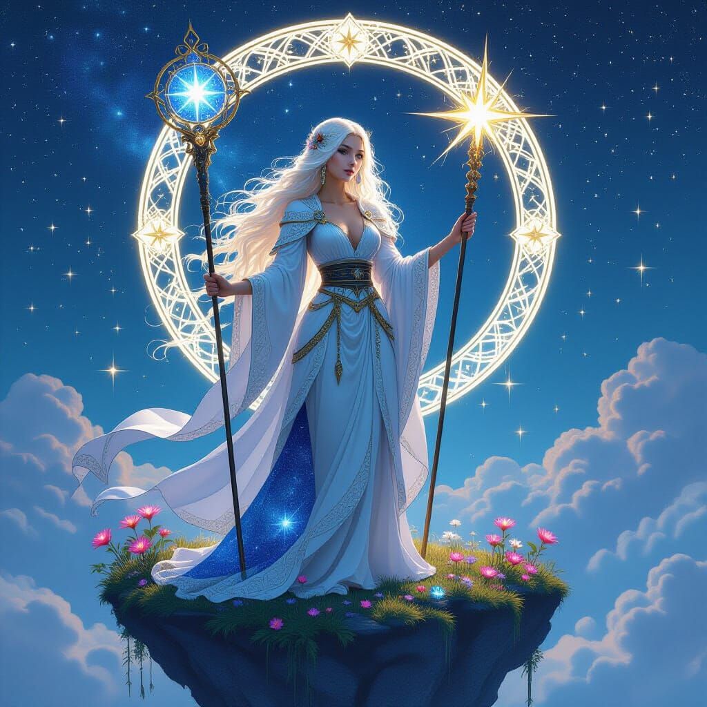 Celestial Sorceress on Floating Island in Art Nouveau Style