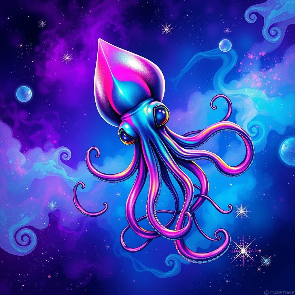 Celestial Squid in a Vibrant, Iridescent Galaxy
