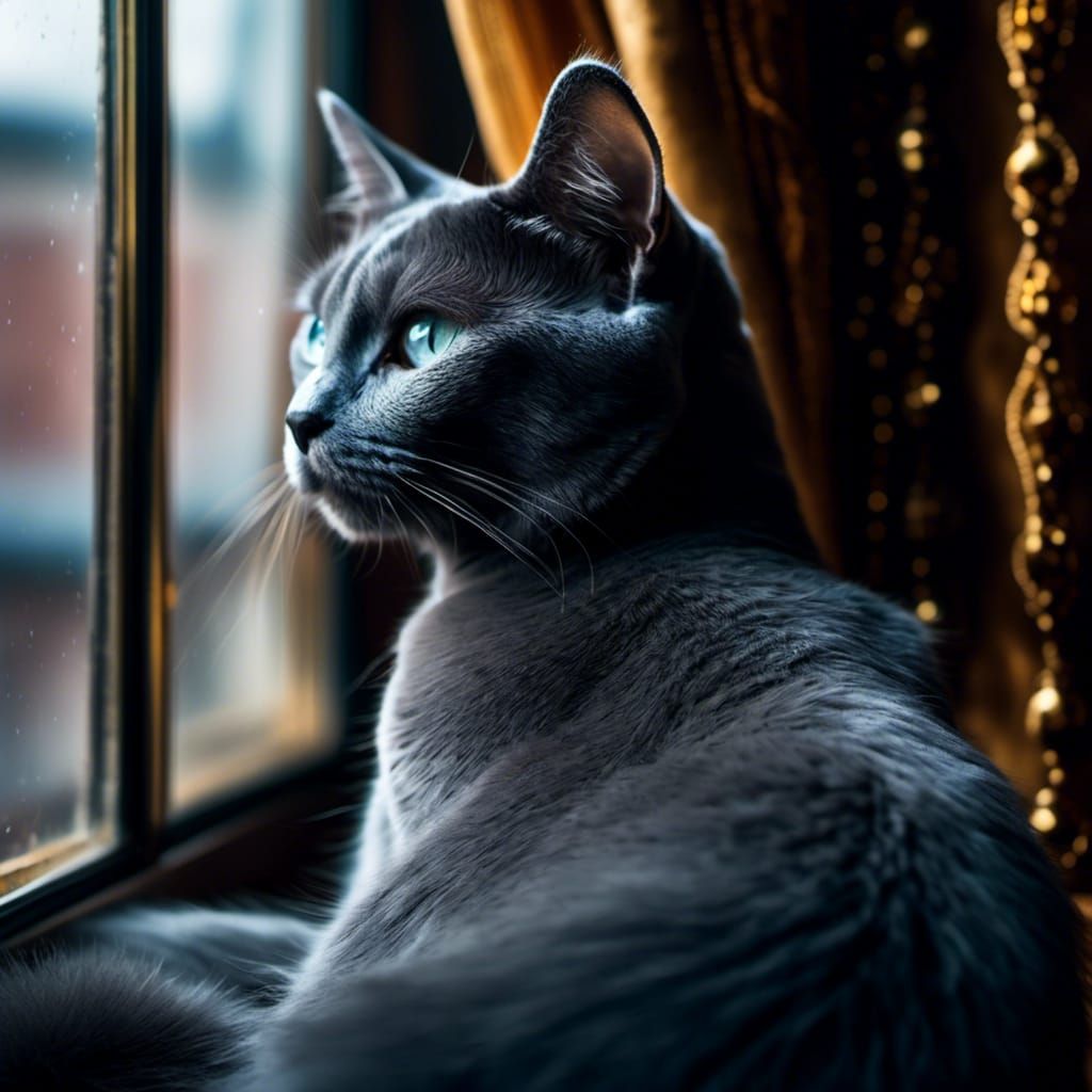 Elegant Russian Blue Cat Portrait in Noir Style