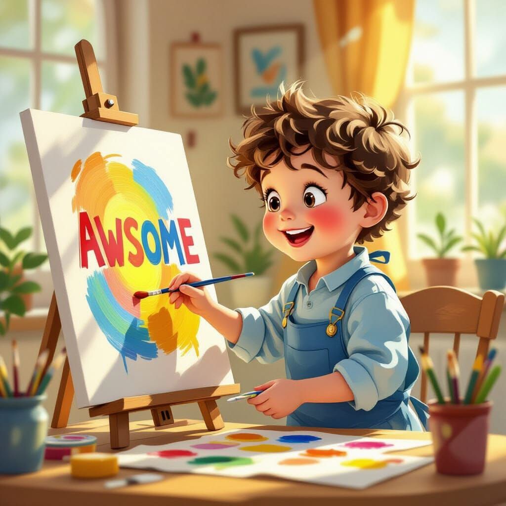 Boy Painting 'Awsome' in Whimsical Storybook Style