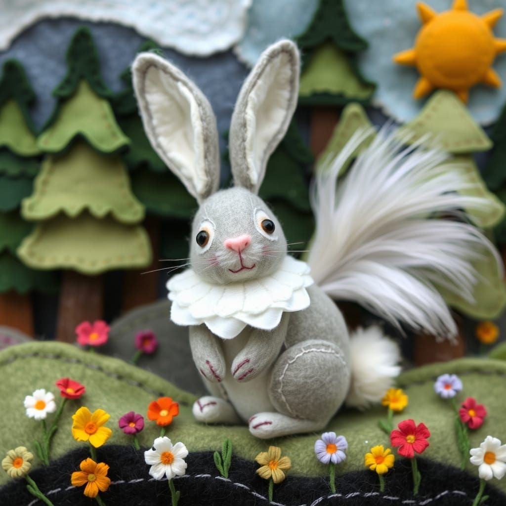 Felt Rabbit in Whimsical Forest, Embroidered Folk Art