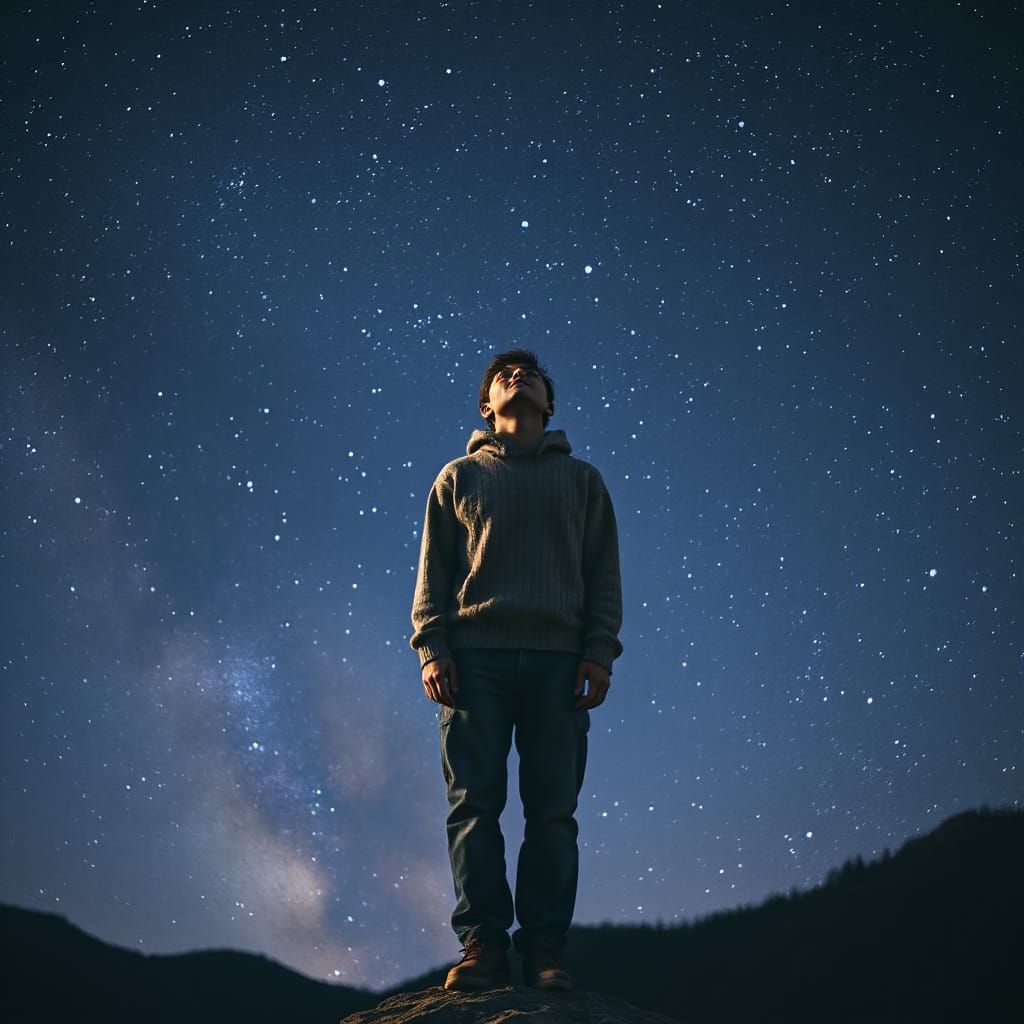 Awestruck Person Under Starry Sky, in Futuristic Style