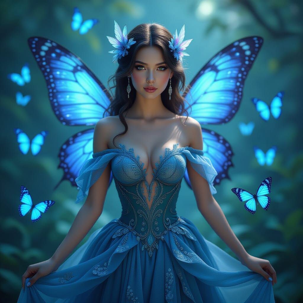 Beautiful Fairy Amidst Bioluminescent Butterflies