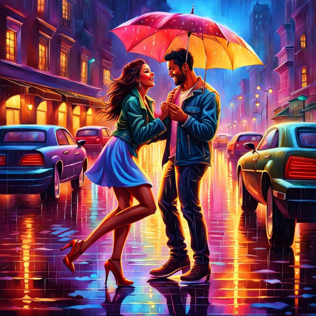 Romantic Picnic: Couple Dancing in Neon Rain