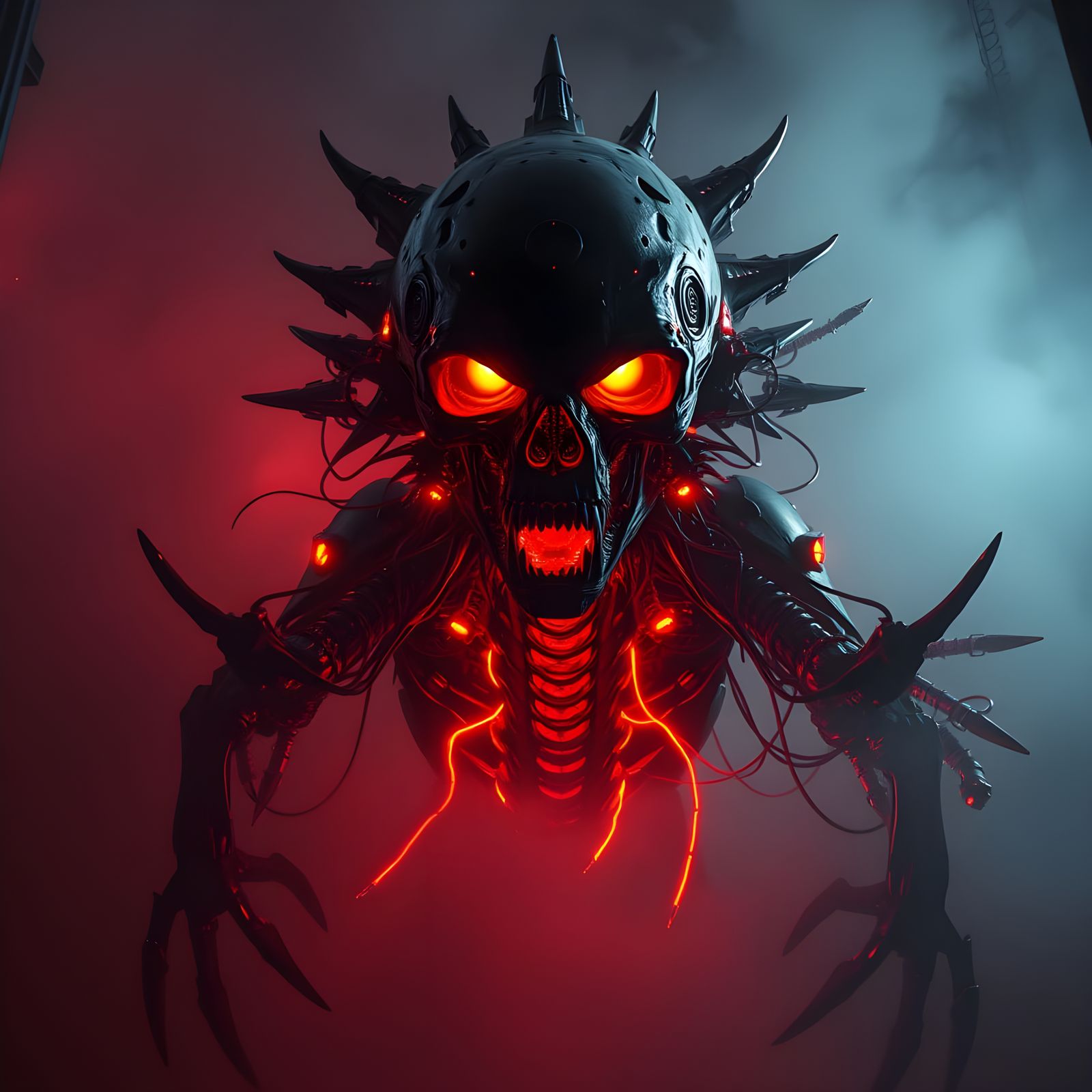 Cyberpunk Abomination Emerges from Fiery Haze