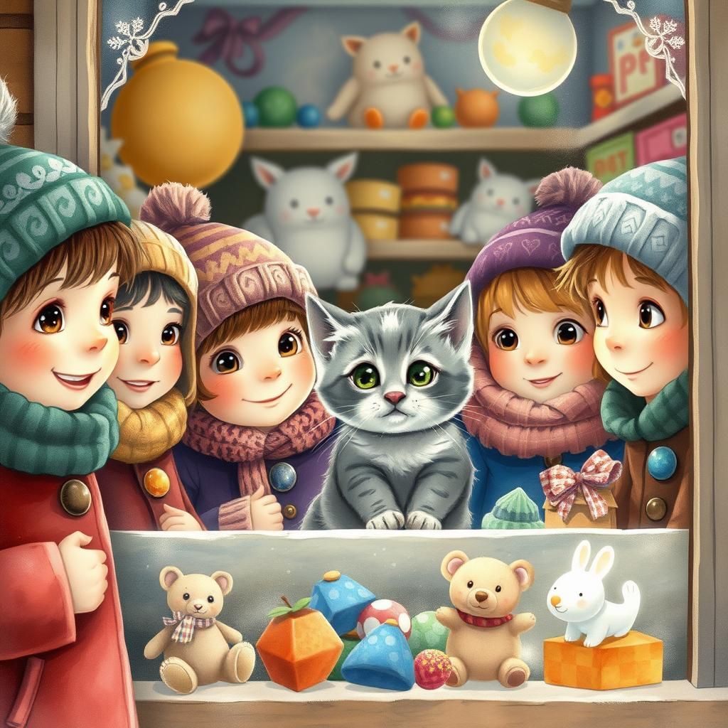 Children Discover Kitten, Watercolor Collage Art