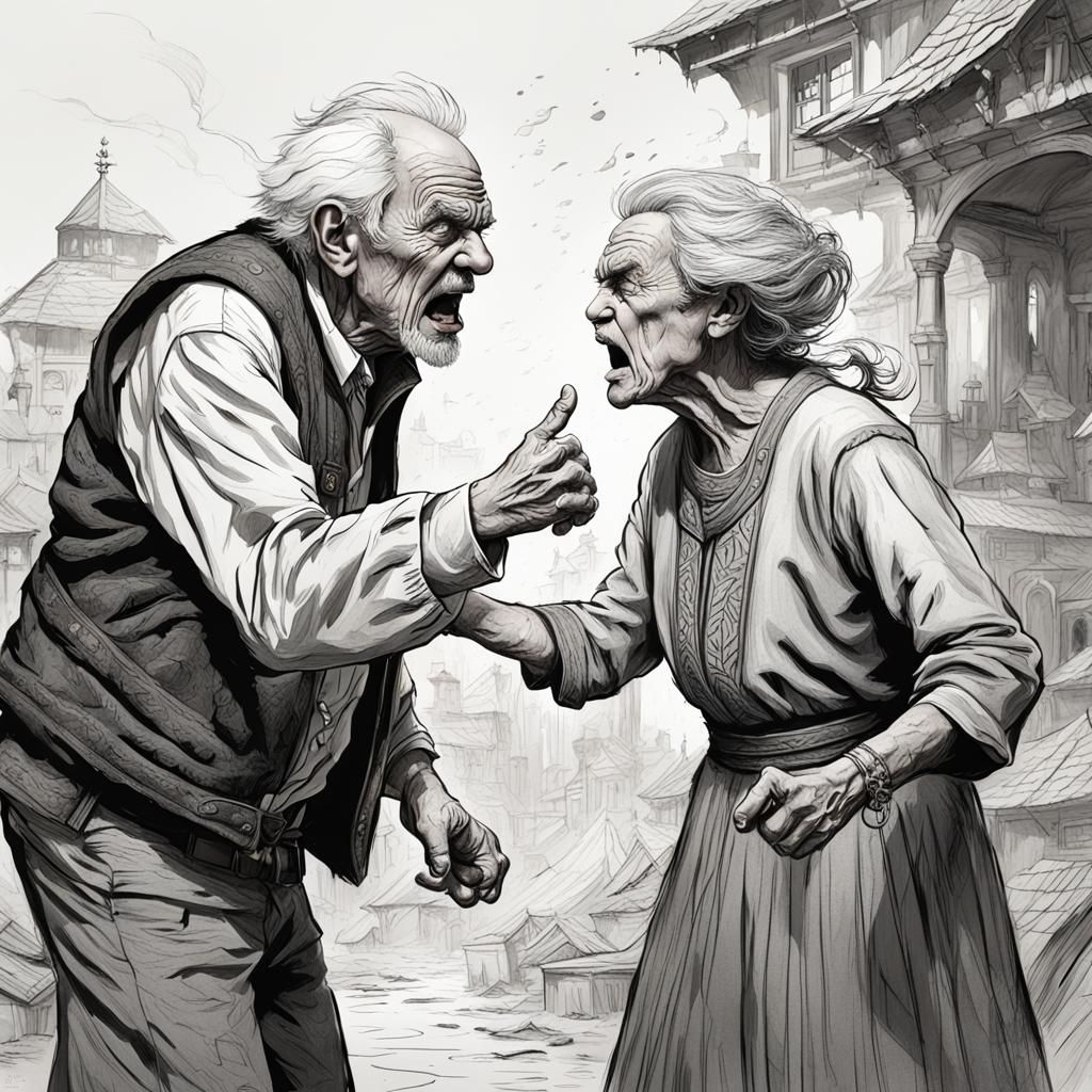 Arguing Couple: Detailed Line Drawing in Black and White