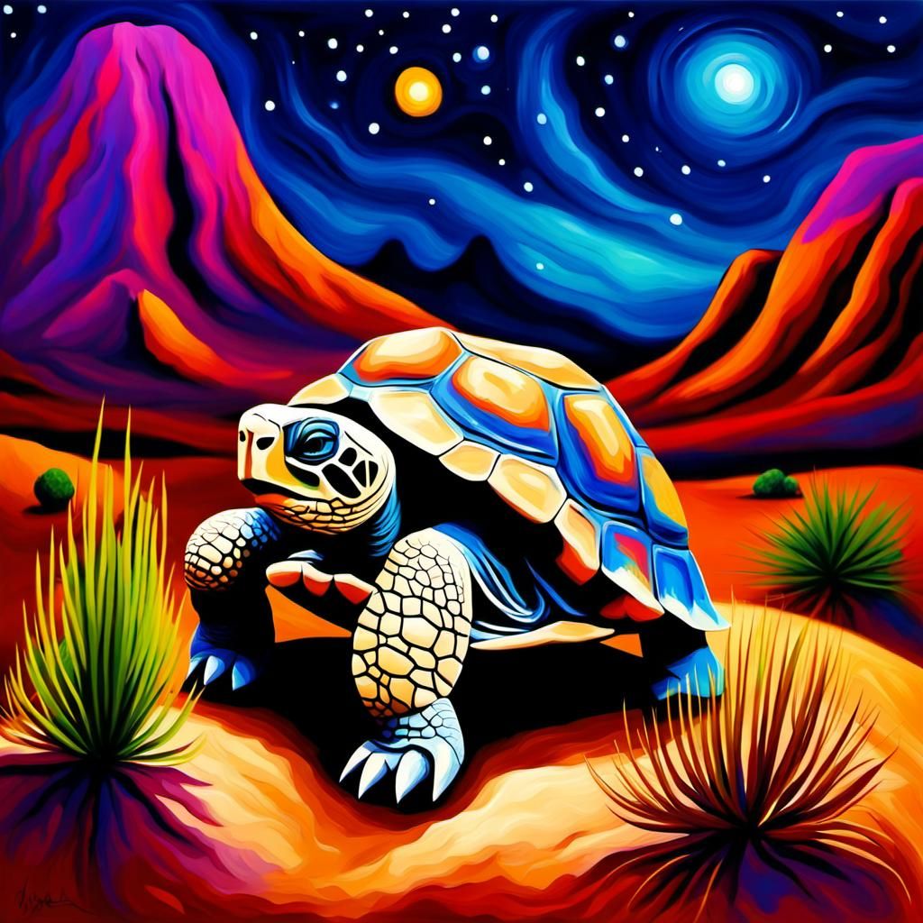 Desert Tortoise in Starry Desert, Impasto Oil Painting