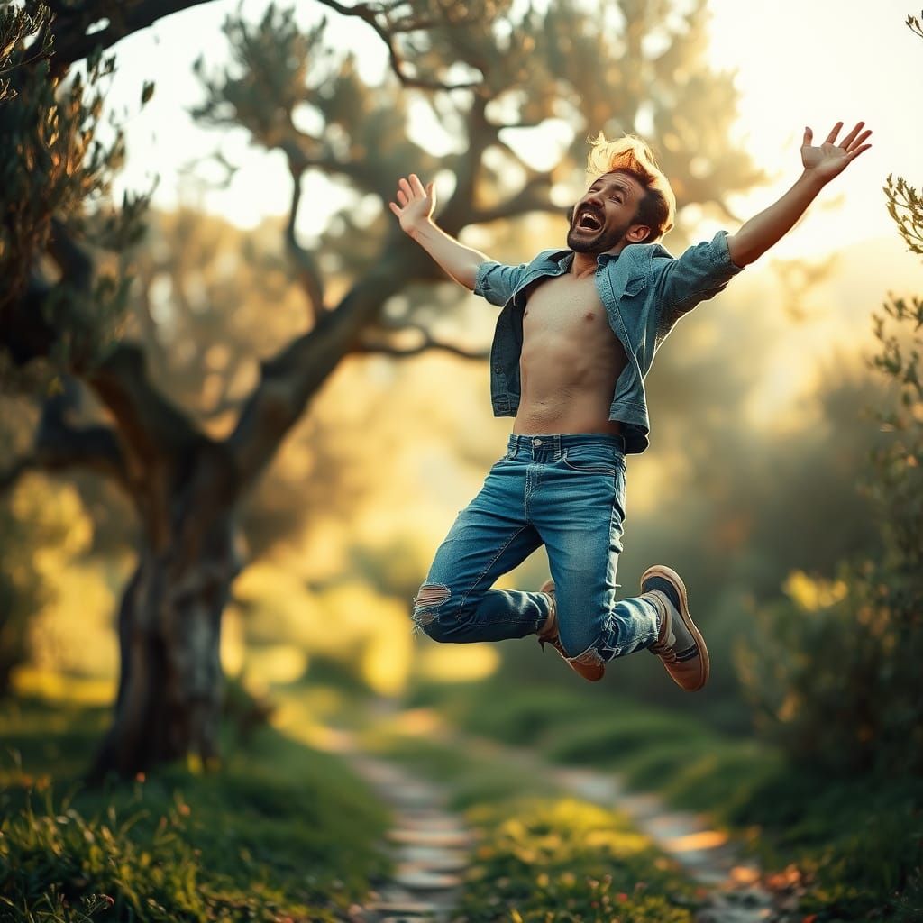 Joyful Man Leaping in Soft Mediterranean Landscape