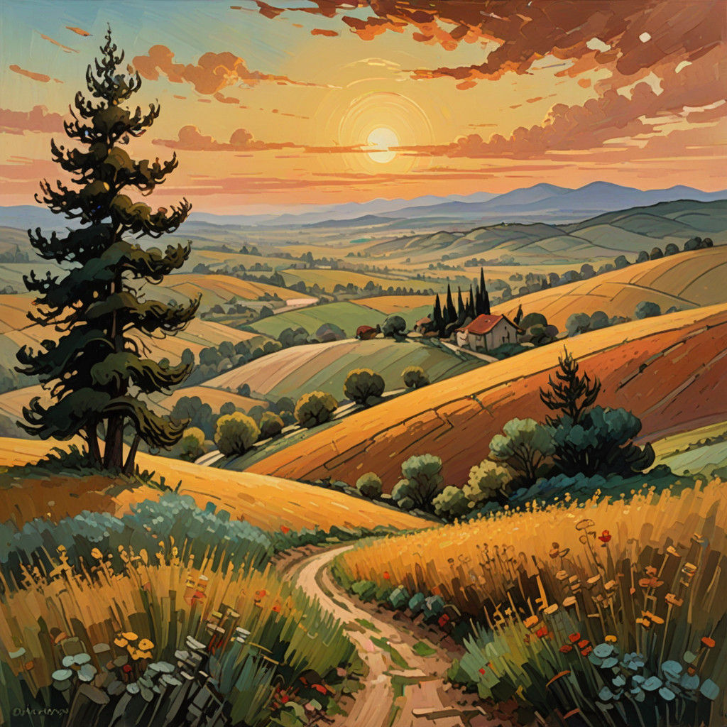 Warm Sunset Landscape in Thick Impasto Gouache Style