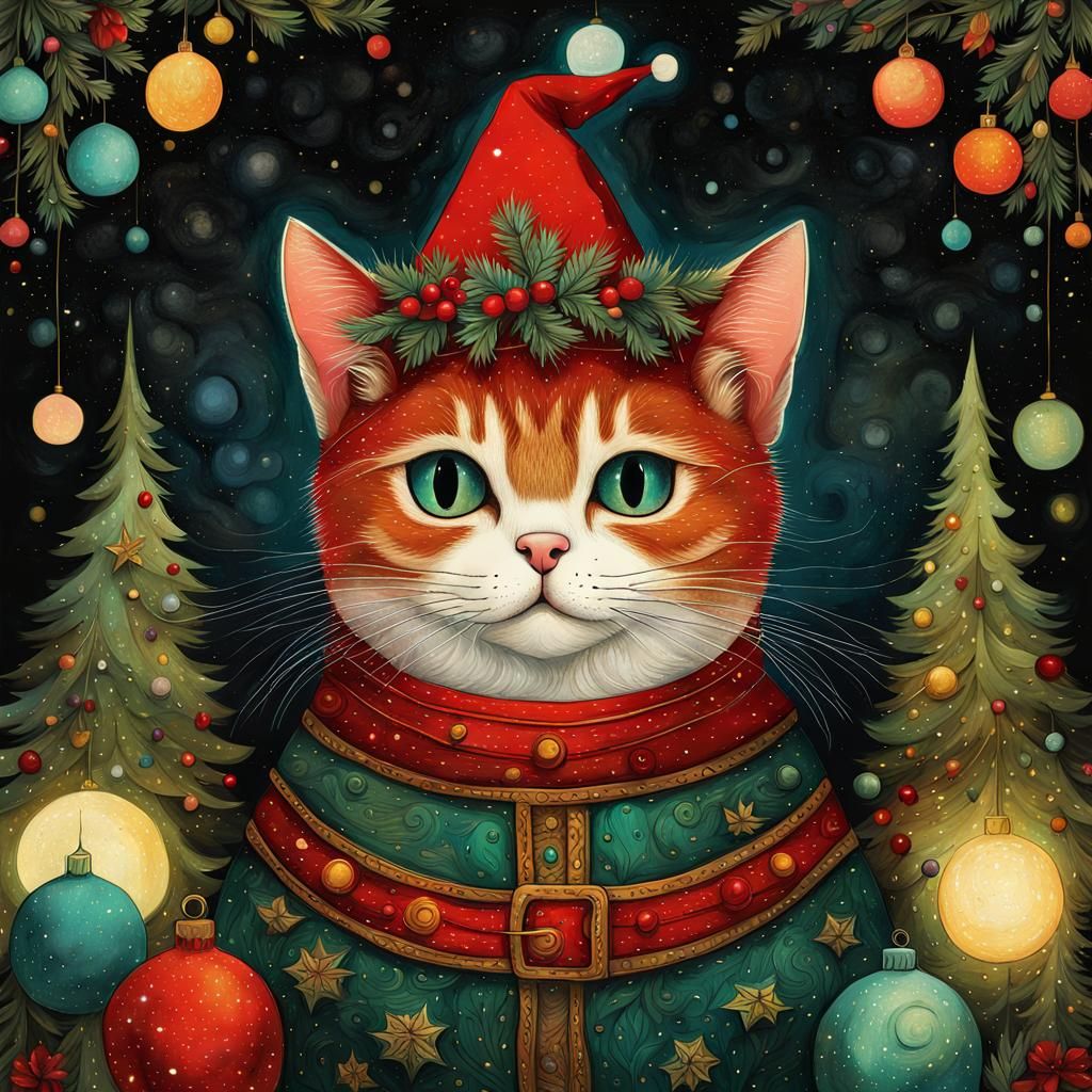 Festive Cat as Santa Claus in Whimsical Folk Art