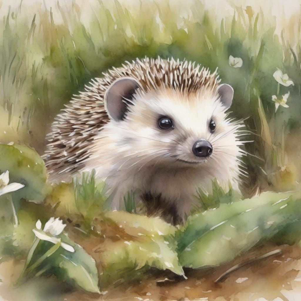 Hedgehog Peeking From Burrow Amidst Snowdrops in Gentle Dawn...