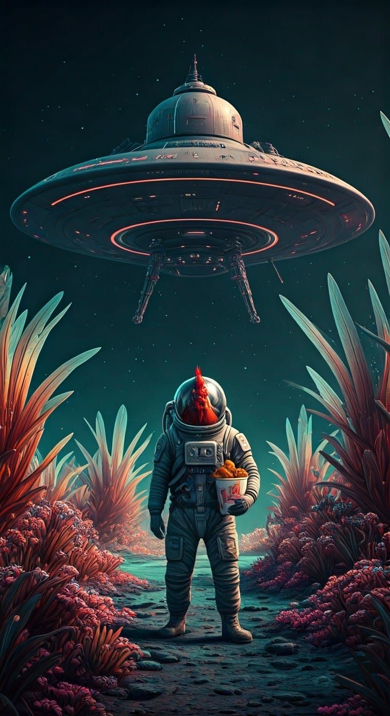 Rooster Astronaut on Alien Planet with Chicken Saucer