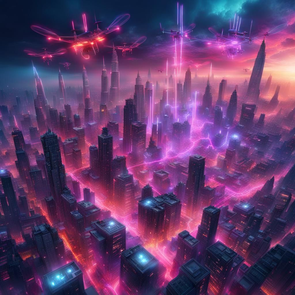 Neon City in Clouds Under Drone Invasion