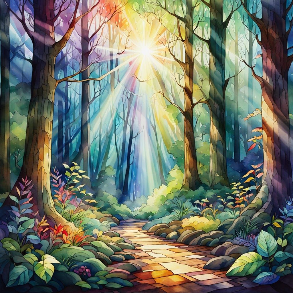 Stained-Glass Forest Scene in Watercolor