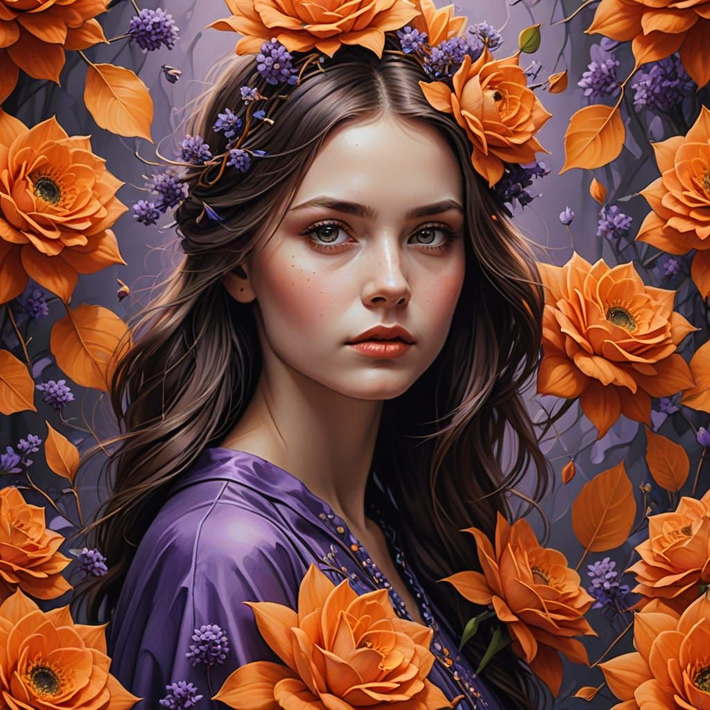 Woman in Vibrant Fuchsia and Orange Silks Among Navel Orange...