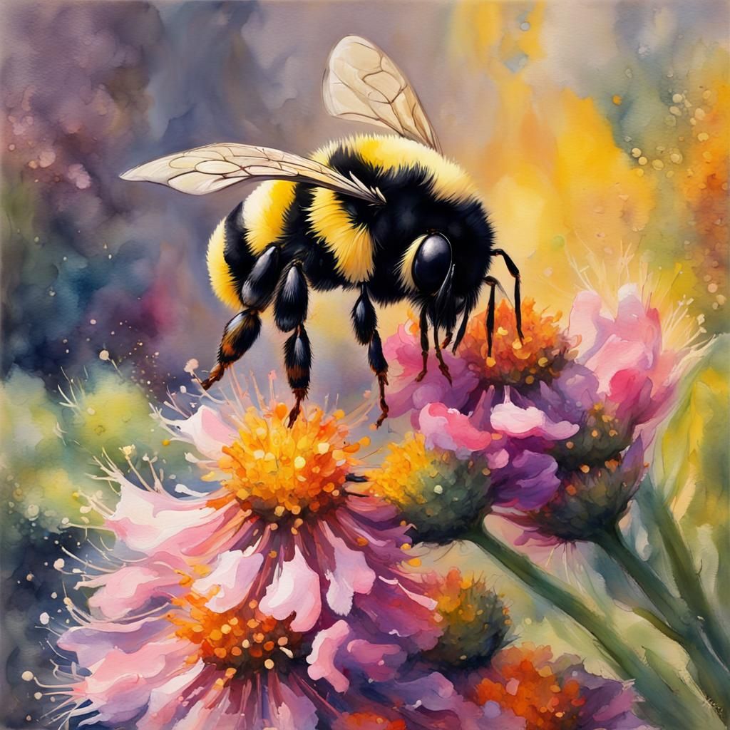 Bumble Bee Pollen Close-Up: Gouache Watercolor Masterpiece