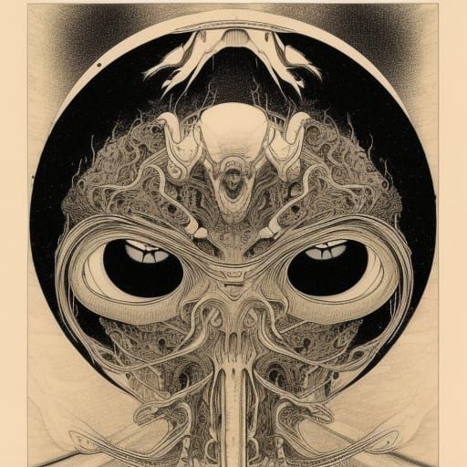 Humanoid Alien Technical Drawing in Dark Epic Style