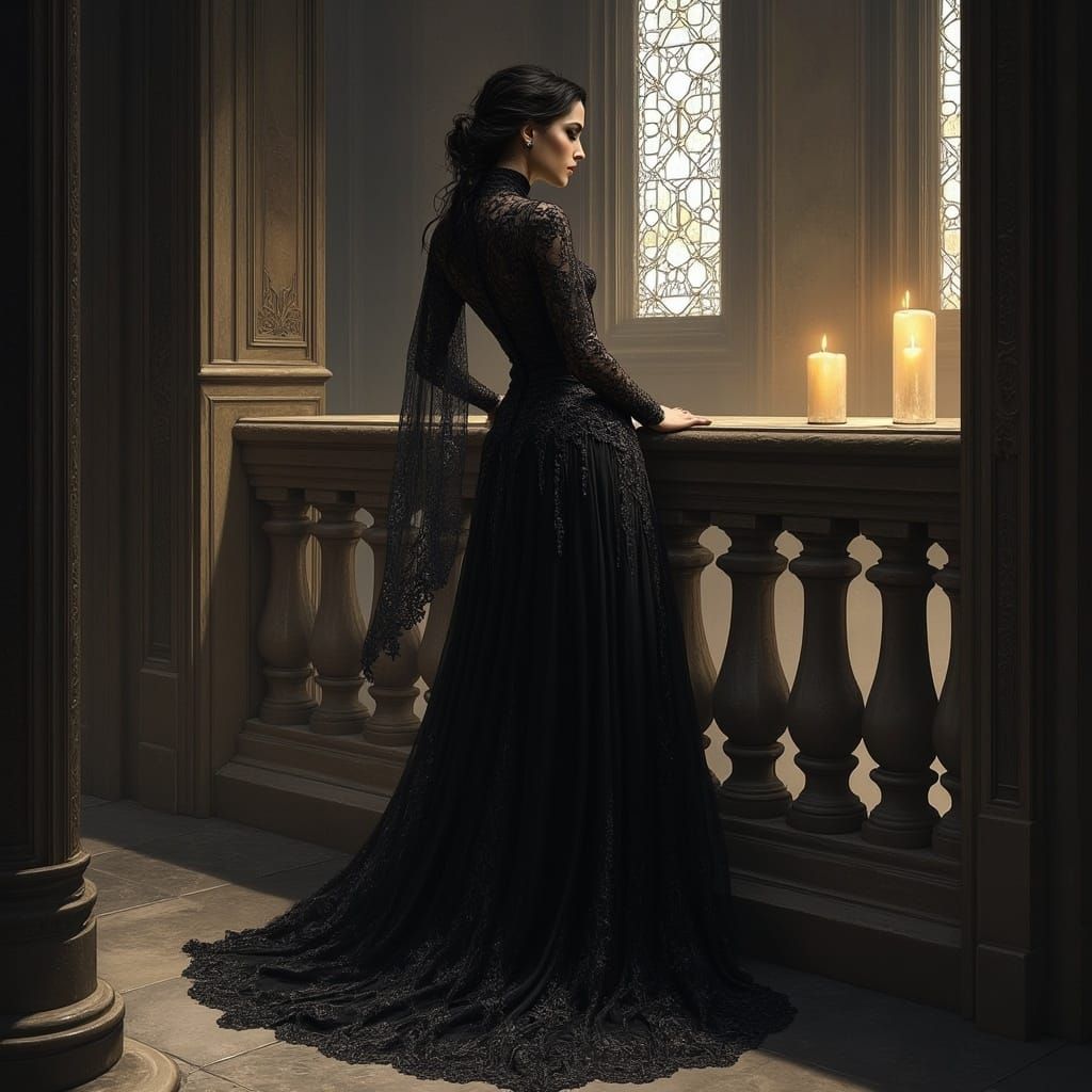 Ethereal Gothic Bride Adorned in Black Lace Gown