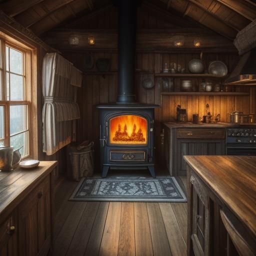 Cozy Cabin Interior with Cat and Russian Stove