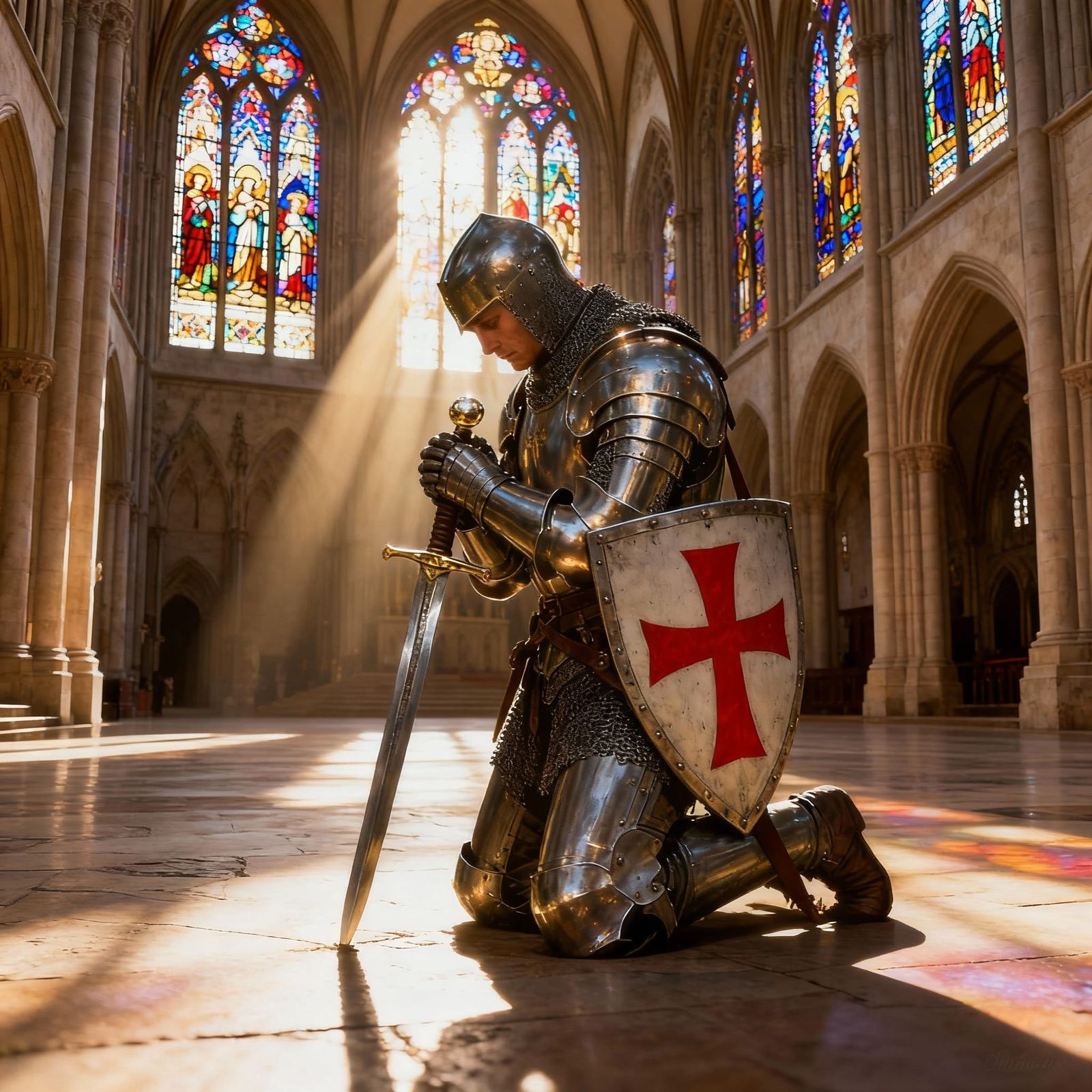Majestic Cathedral Sunlight Through Stained Glass Windows