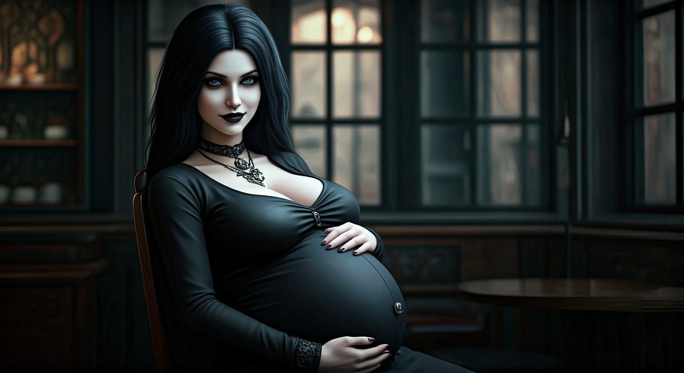 Pregnant Goth Girl Lounging in Coffee House