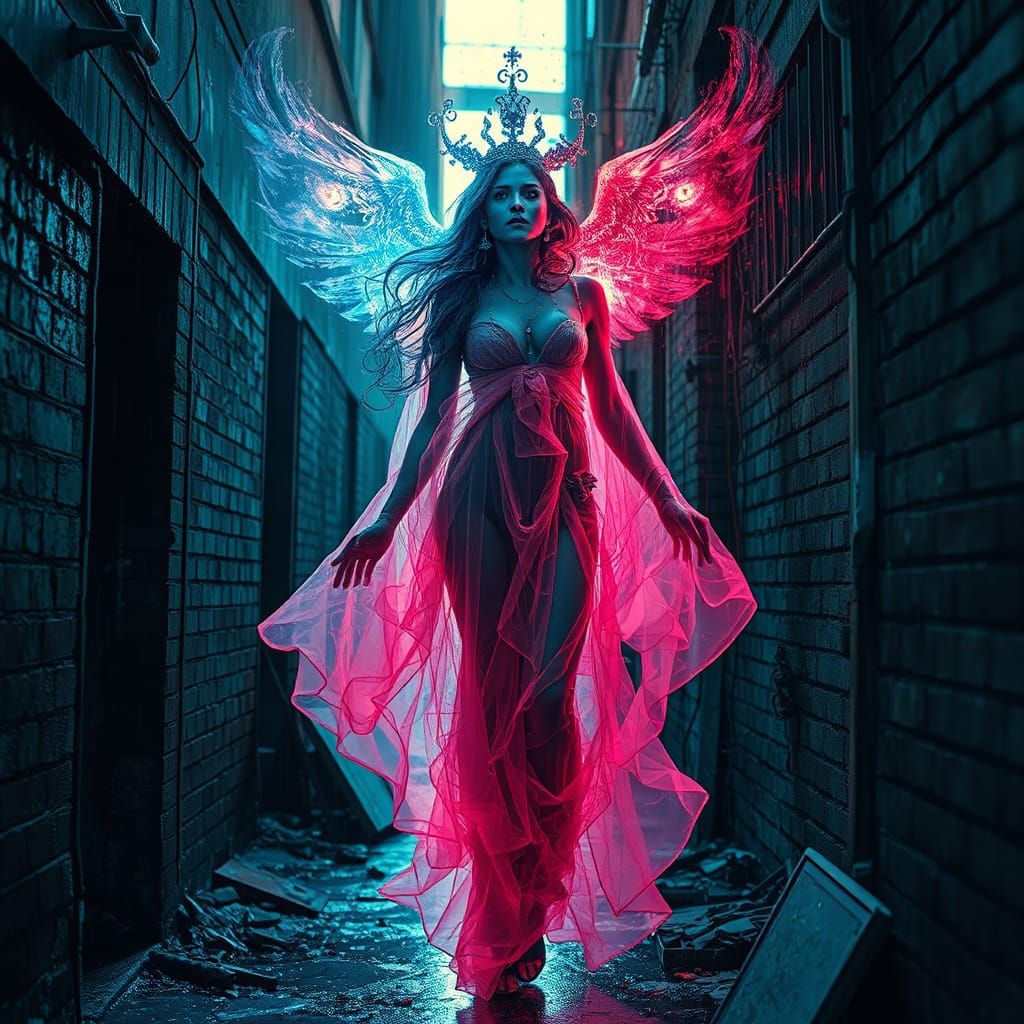 Neon Goddess Emerges from Urban Alleyway