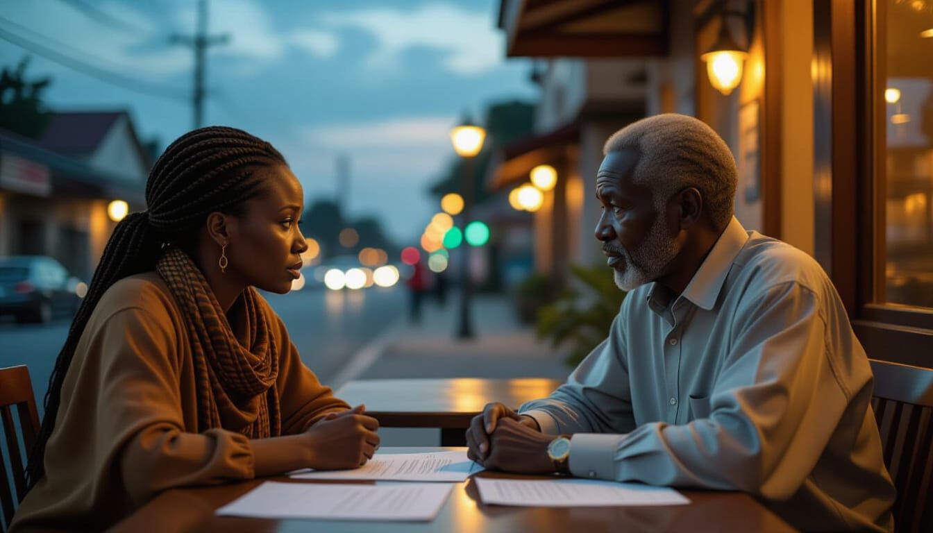 Tense Conversation in Nigerian Café at Dusk