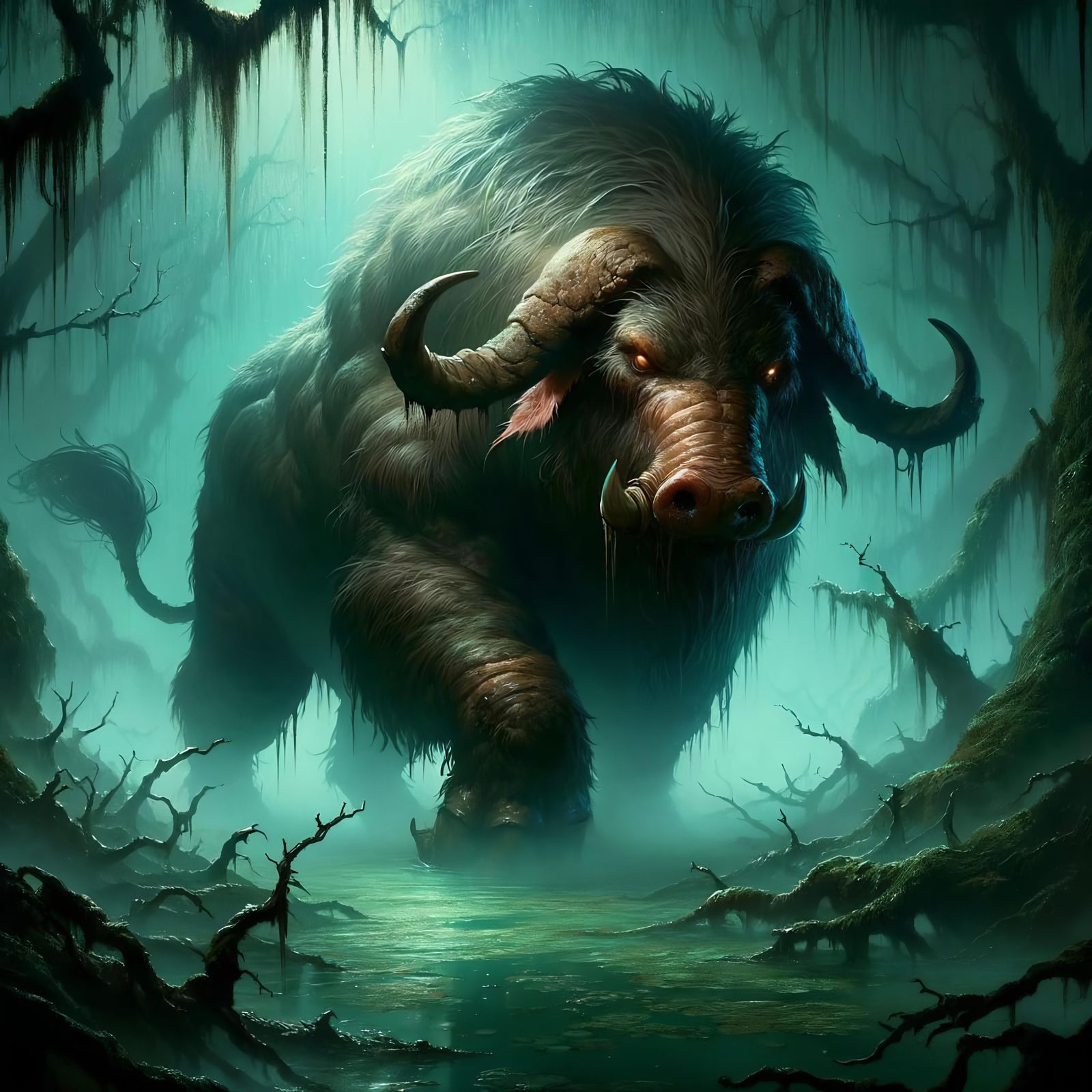 Menacing Catoblepas in Misty Swamp, D&D Style