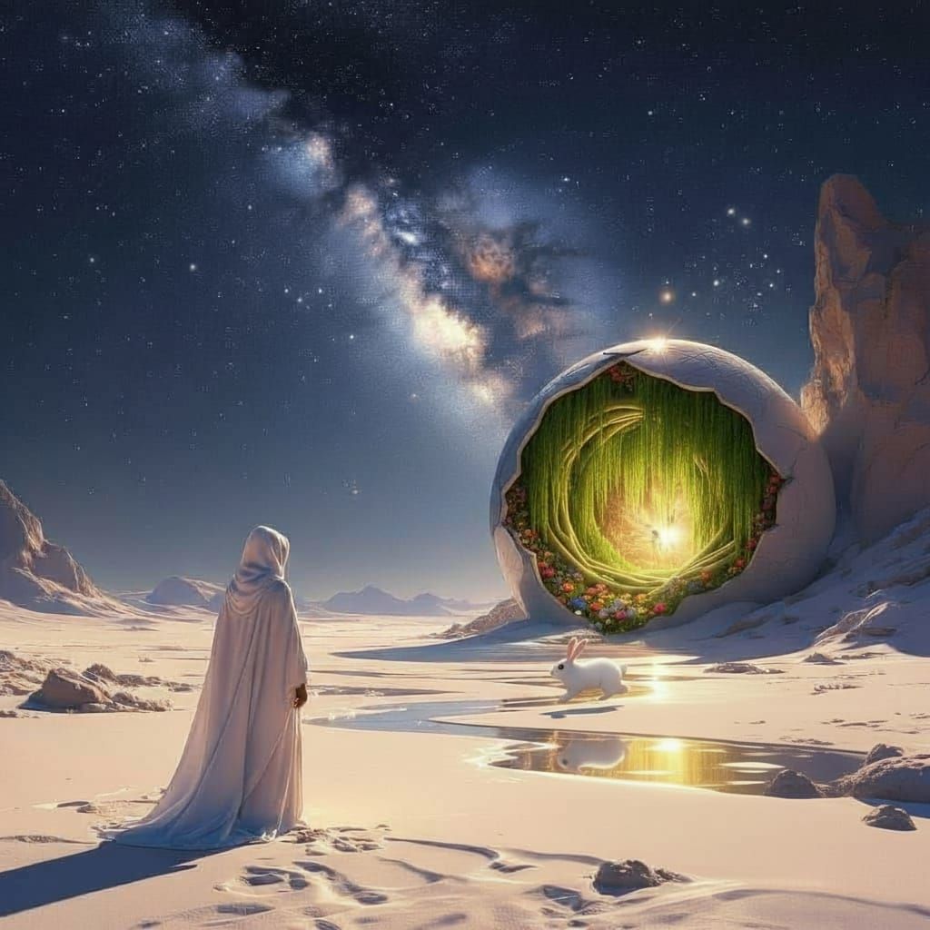 Mystical Desert Figure Gazes at Geode Revealing Inner World