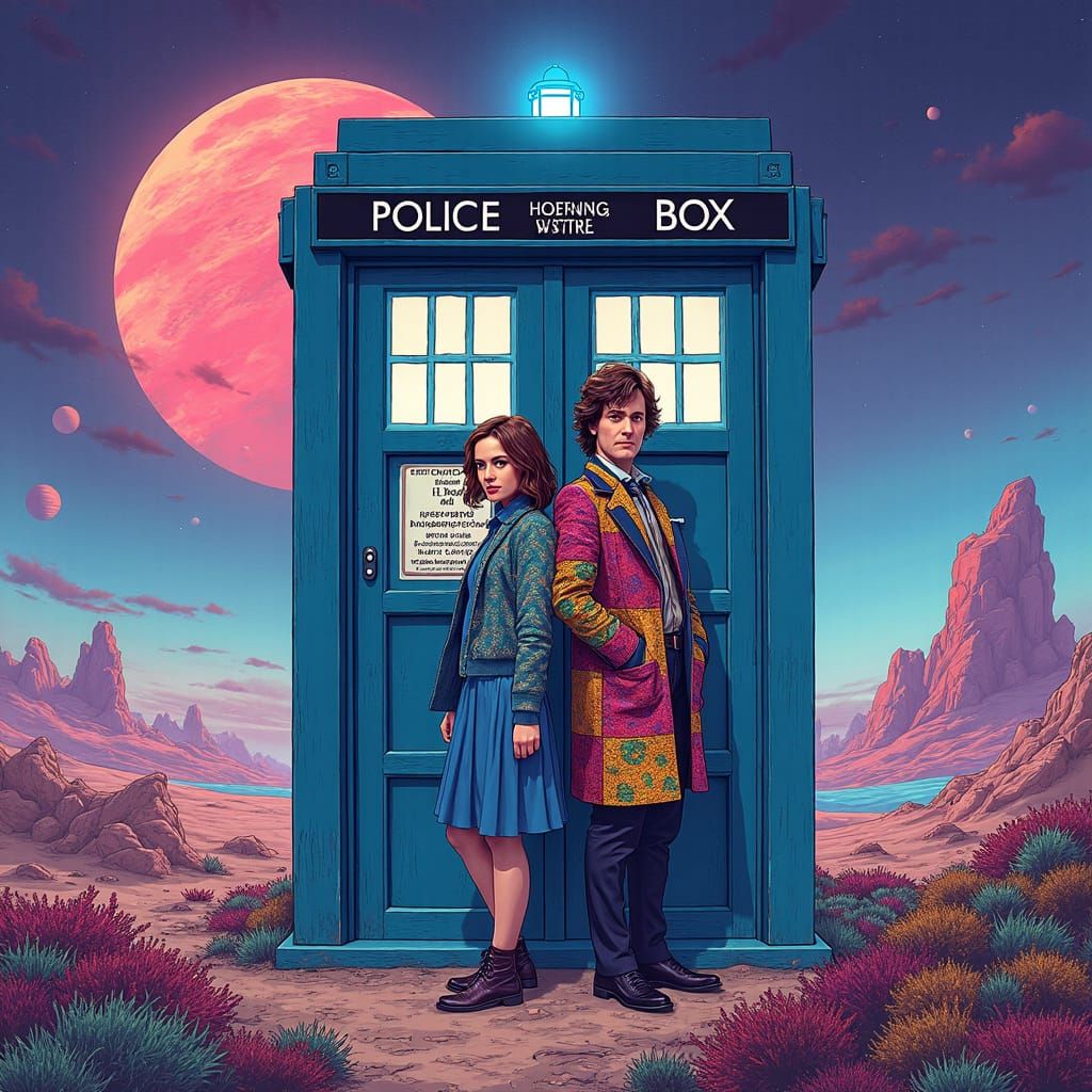 Six and Clara in Vibrant Retro-Futuristic Landscape