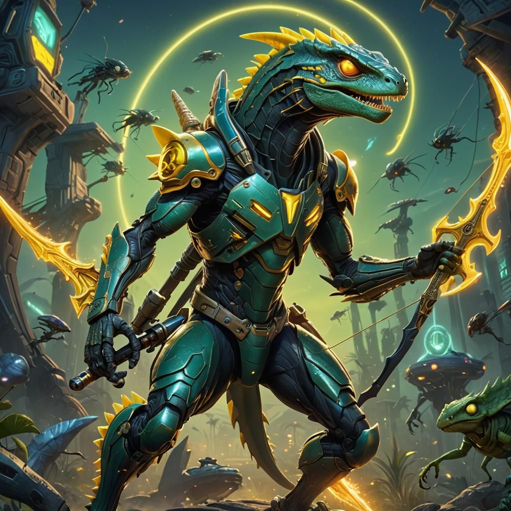 Alien Lizard Ranger Battles Bugs: 3D Digital Art