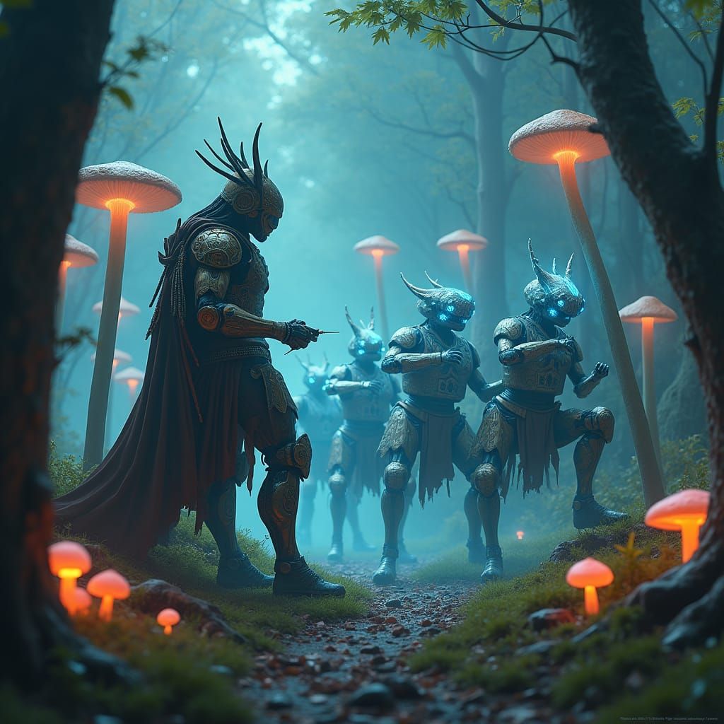 Cyborg Warrior Clash in Mystical Forest, Digital Art