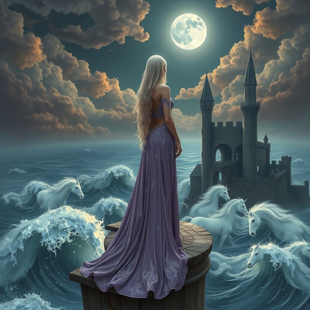 Ethereal Beauty Gazing Out to a Dreamlike Ocean Scene at Daw...