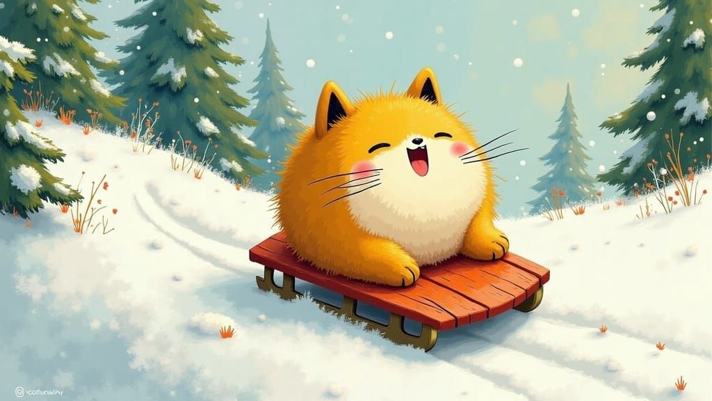 Chubby Cat Speeds Down Snowy Hill in Winter Wonderland Scene