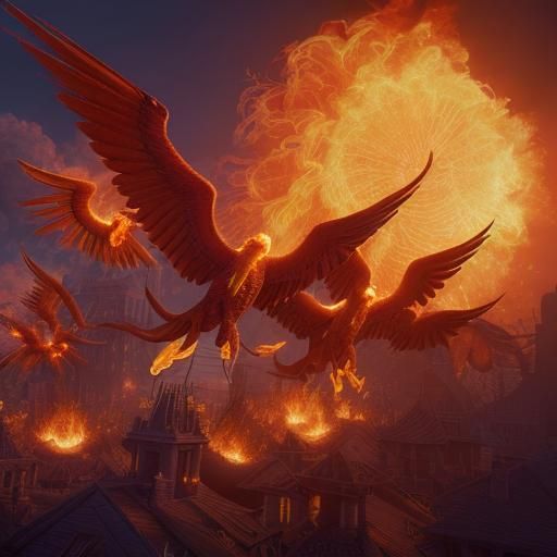 Phoenixes Emerge From Fire: 3D Digital Art