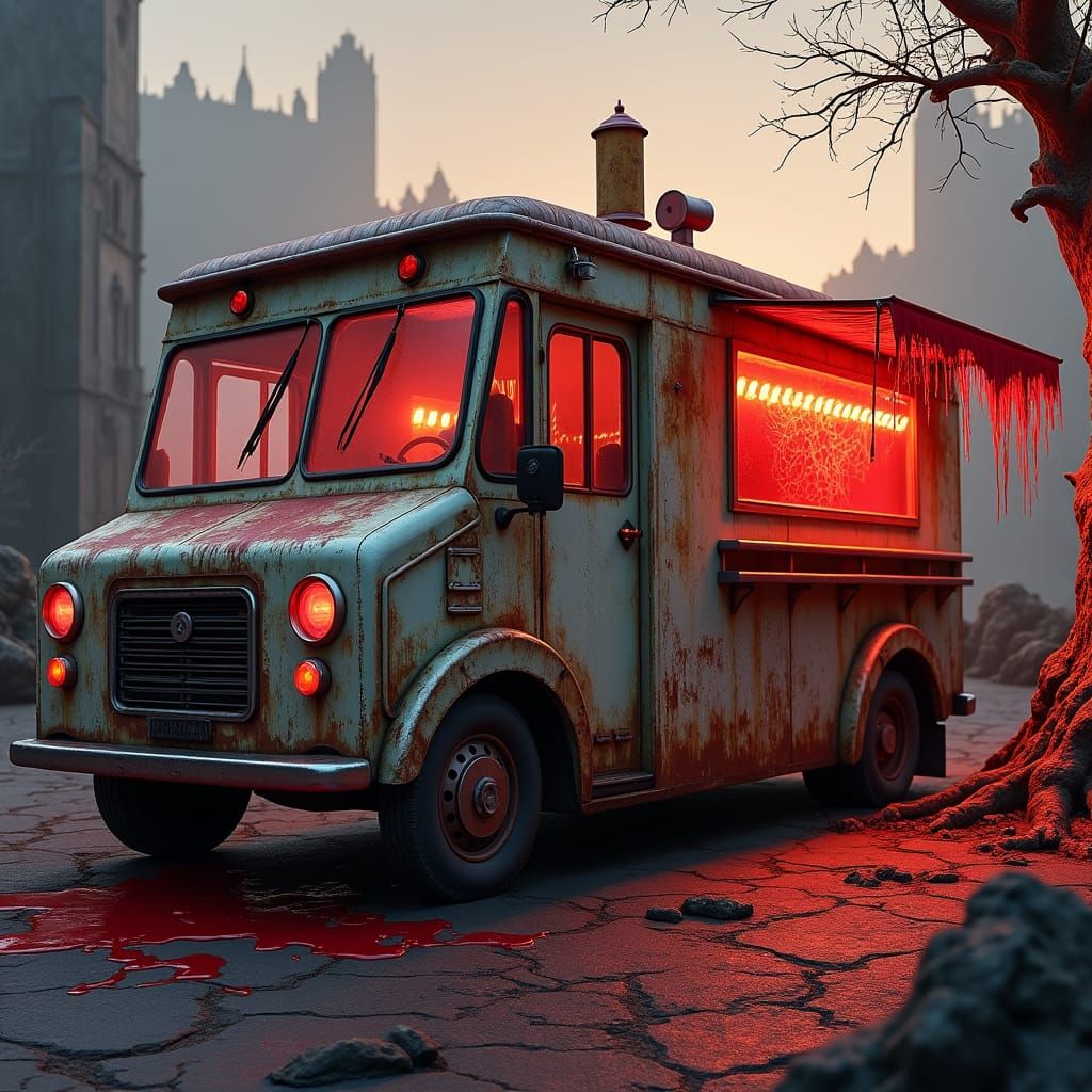 Eerie Ice Cream Truck in a Gothic Landscape