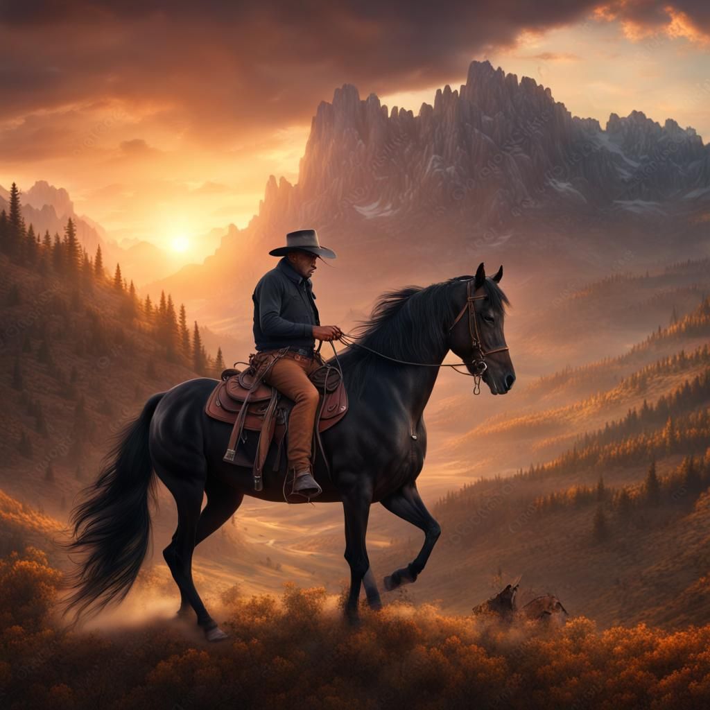 Cowboy on Black Stallion at Sunset