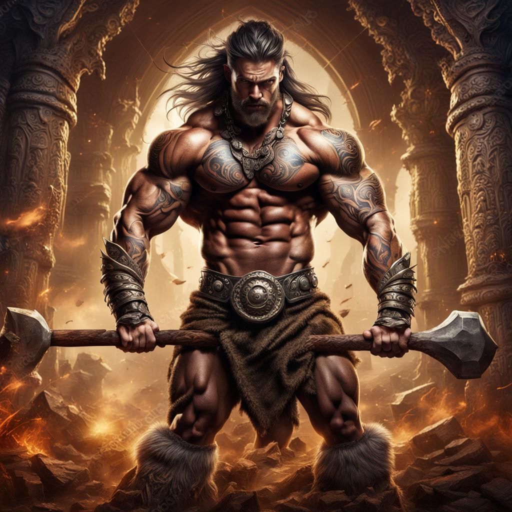 Furious Tribal Bodybuilder with Axe in Fairy Castle