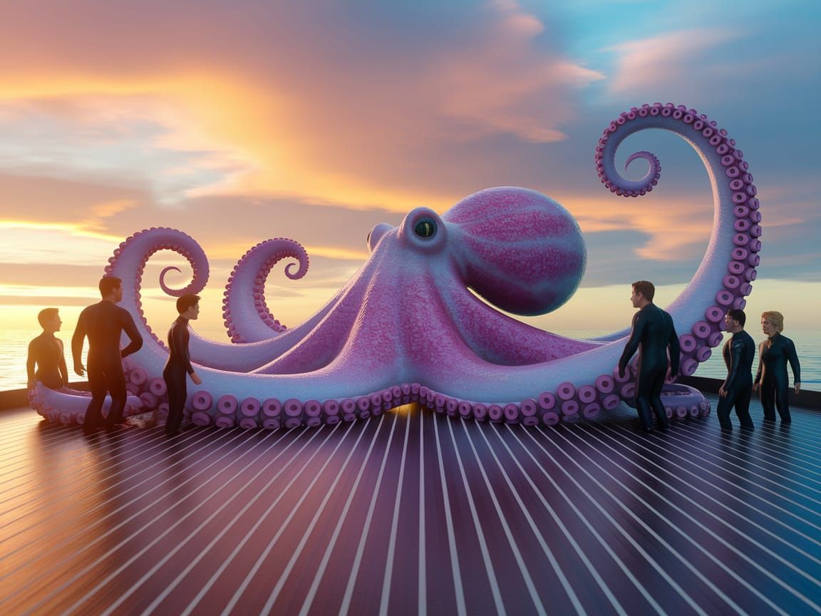 Surreal Marine Encounter in Vibrant Pink and White Hues