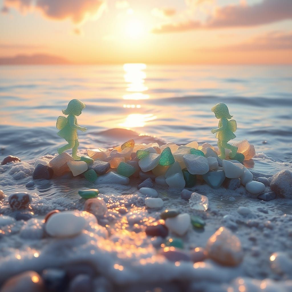Sea Glass Children Skipping Pebbles at Golden Hour