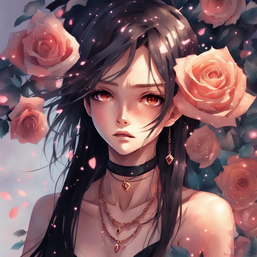 Sad Woman Portrait with Roses in Anime Style