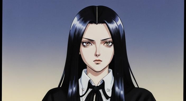 wednesday addams, Full Body Portrait, exagerated large boosom, Luis Royo, ((90's anime style)), ultra detailed illustrat...