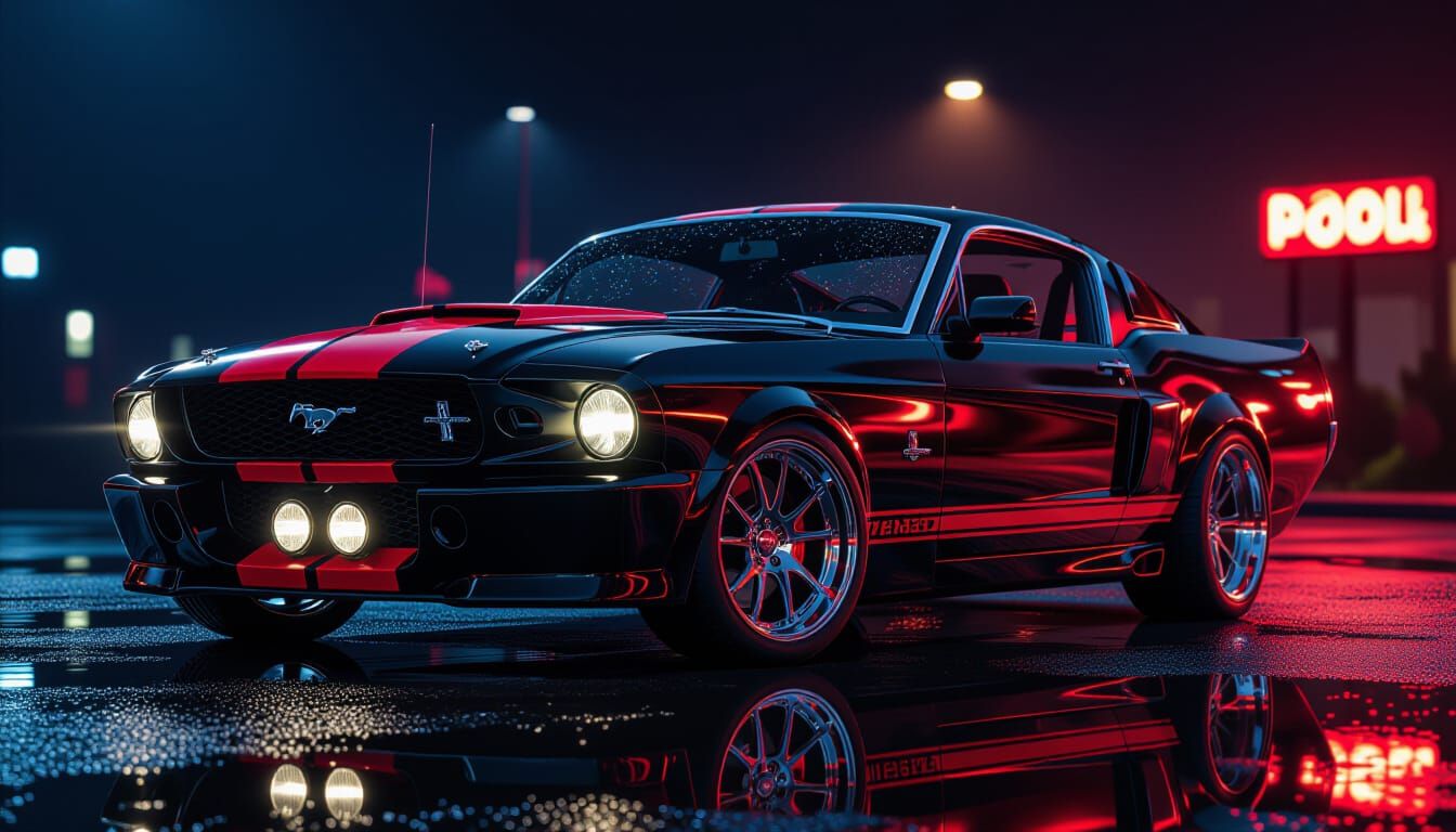 Black Ford Mustang with Red Stripes in Noir Style