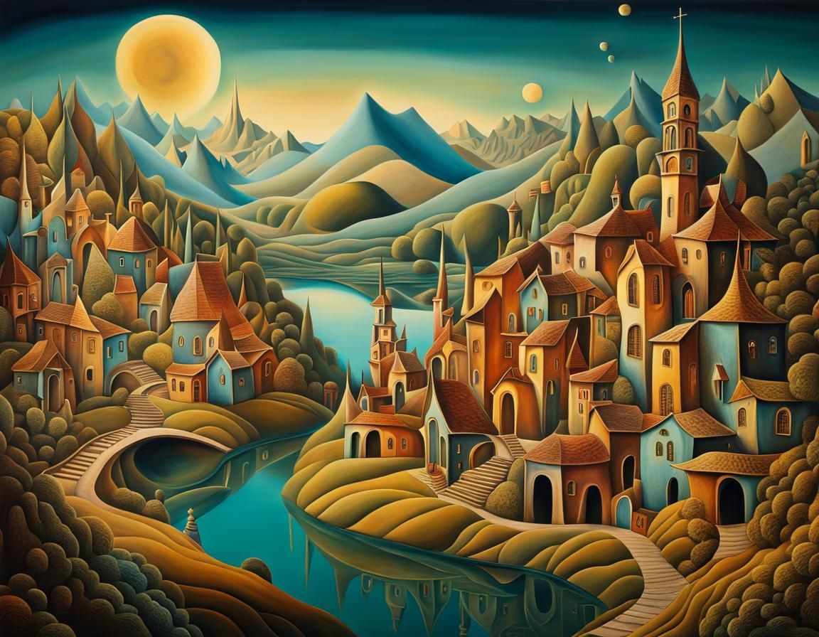 Surreal Mountain Village Landscape in Abstract Fantasy Art