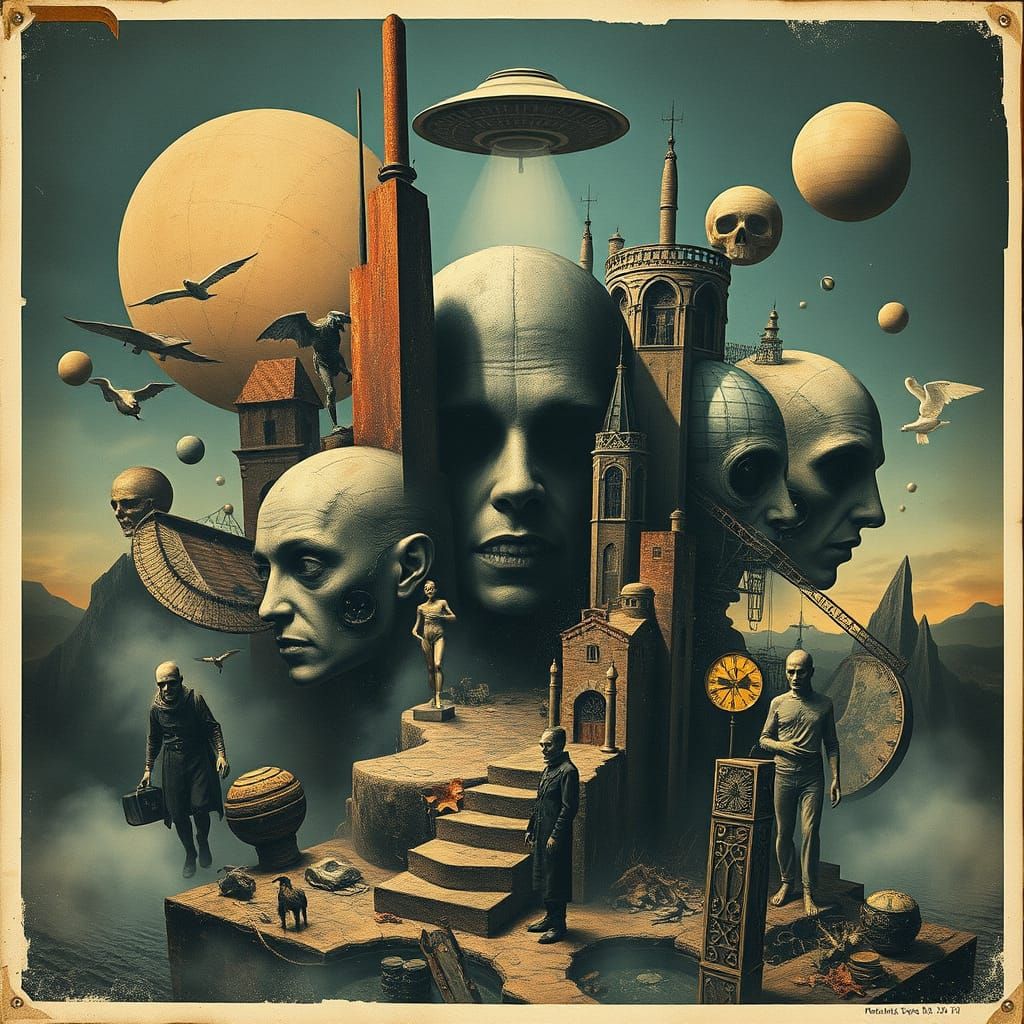 Surrealist Dreamscape in Distressed Vintage Aesthetic